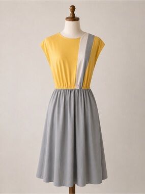 80s Vintage Colorblock Midi Dress Yellow Gray 16P